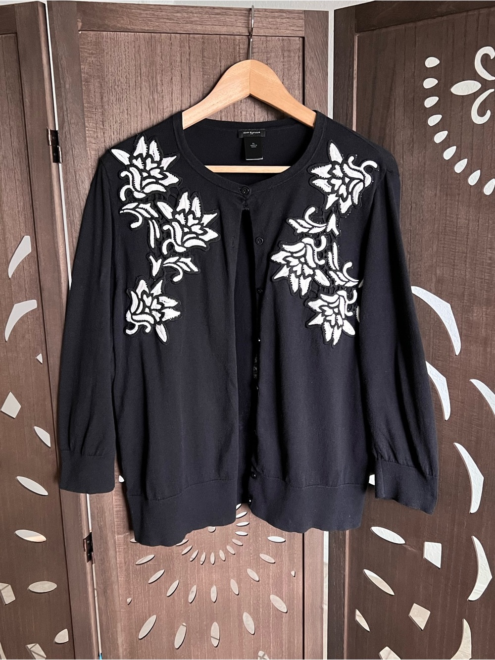 Ann Taylor Black Cardigan with White Floral AppliquΓ©